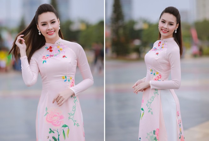 Hoa hậu biển Thùy Trang dịu dàng trong tà áo dài nền nã Hoa hậu biển Thùy Trang dịu dàng trong tà áo dài nền nã