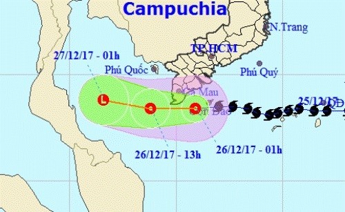 Bão số 16 - Tembin suy yếu thành áp thấp nhiệt đới Bão Tembin đã suy yếu thành áp thấp nhiệt đới. Ảnh: NCHMF.