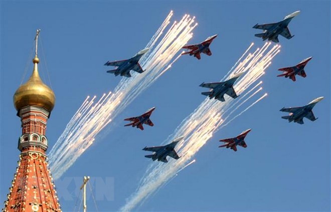 Bảy nước thành viên SNG tập trận phòng không với hơn 100 máy bay Máy bay Su-27 và MiG-29 của Nga. (Ảnh: AFP/TTXVN)