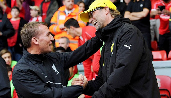 Jurgen Klopp là lựa chọn tối ưu cho ghế nóng ở Liverpool? HLV Brendan Rodgers (trái) ra đi để nhường chỗ cho HLV Jurgen Klopp? Ảnh: GETTY IMAGES.