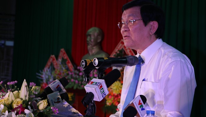 Kỷ niệm 75 năm Ngày Nam kỳ khởi nghĩa Chủ tịch nước Trương Tấn Sang phát biểu tại lễ kỷ niệm. Ảnh: TTXVN.