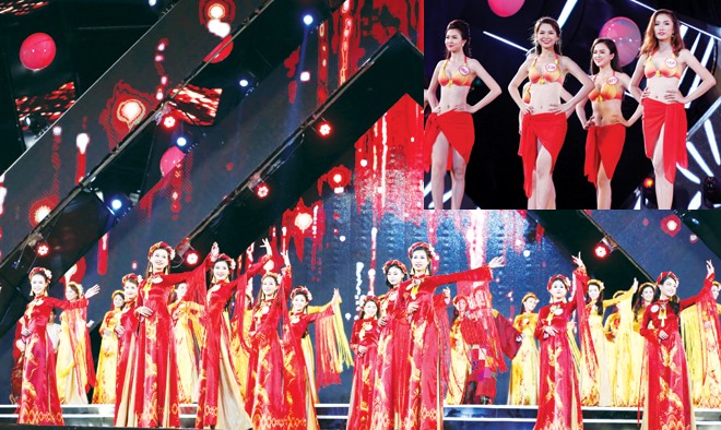 Chung khảo phía Bắc Hoa hậu Việt Nam: Đêm đẹp ở Tuần Châu Tiết mục mở màn đêm chung khảo của các thí sinh (ảnh lớn) và phần thi áo tắm. Ảnh: Hồng Vĩnh - Như Ý.