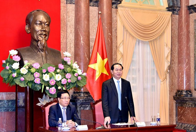 Cần vận dụng các bài học cha ông trong bối cảnh mới Chủ tịch nước Trần Đại Quang tại buổi gặp mặt. Ảnh: Báo Thế giới và Việt Nam