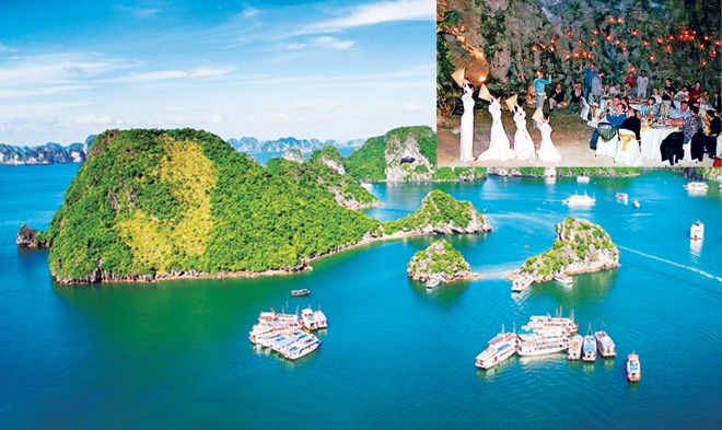 Hang động Vịnh Hạ Long thành phòng tiệc: Ai mở đường? Một góc Vịnh Hạ Long (ảnh lớn), tổ chức tiệc trong hang động (ảnh nhỏ). Ảnh: PV.
