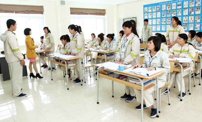 Tương lai sáng với nghề điều dưỡng, hộ lý Những người làm việc trong nghề chăm sóc sức khỏe sẽ có nhiều cơ hội đi làm việc tại các nước phát triển. (Ảnh một khóa học của điều dưỡng, hộ lý trước khi sang Nhật Bản làm việc).
