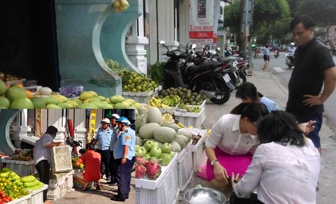 TPHCM: Tái chiếm vỉa hè vì mưu sinh Một sạp bán trái cây chiếm vỉa hè trên đường Hai Bà Trưng bị lực lượng chức năng quận 1 xử lý hồi tháng 2/2017 (ảnh nhỏ). Tuy nhiên, ngày 9/5, tại nơi đây vẫn diễn ra cảnh tái chiếm, thậm chí bày bán còn nhiều hơn hồi trước (ảnh lớn). Ảnh: Văn Minh.