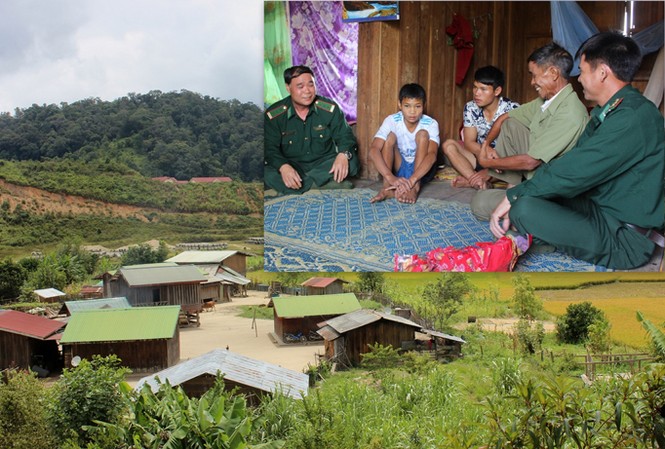 Khúc hát Xamakhi ở mảnh đất biên cương Cán bộ Đồn Biên phòng Sông Thanh tới thăm gia đình Kê Si (ảnh nhỏ) và một góc bản Đắc Ba (Đắc Chưng, Sê Kông, Lào). Ảnh: T.H.