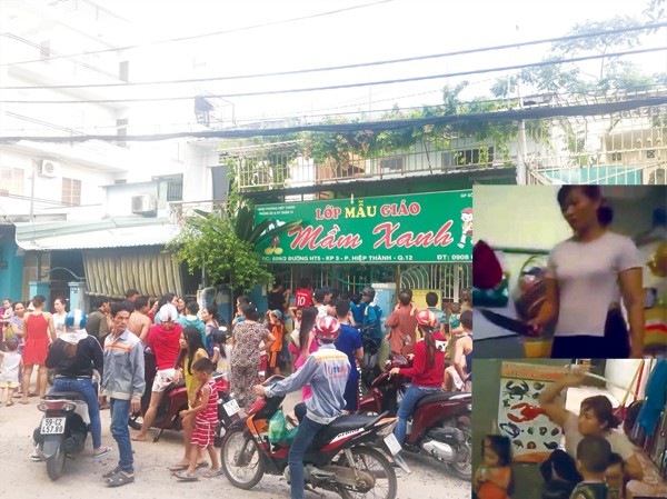 Đưa con đến trường: Bất an! Phụ huynh bày tỏ sự phẫn nộ trước trường Mầm xanh (ảnh lớn); Bảo mẫu bạo hành trẻ (ảnh nhỏ cắt từ clip). Ảnh: PV.
