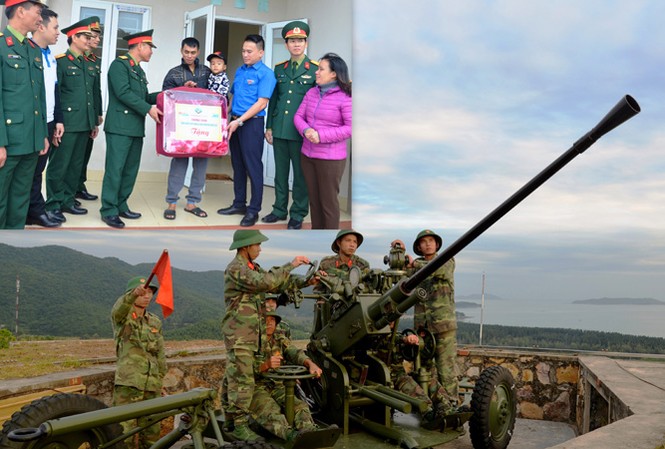 Hải trình sâu nặng nghĩa tình Đoàn công tác trao tặng quà cho nhân dân trên đảo Trần (ảnh nhỏ) và chiến sĩ Đại đội pháo cao xạ 37, Tiểu đoàn Đảo Ngọc Vừng huấn luyện chiến đấu phòng không.