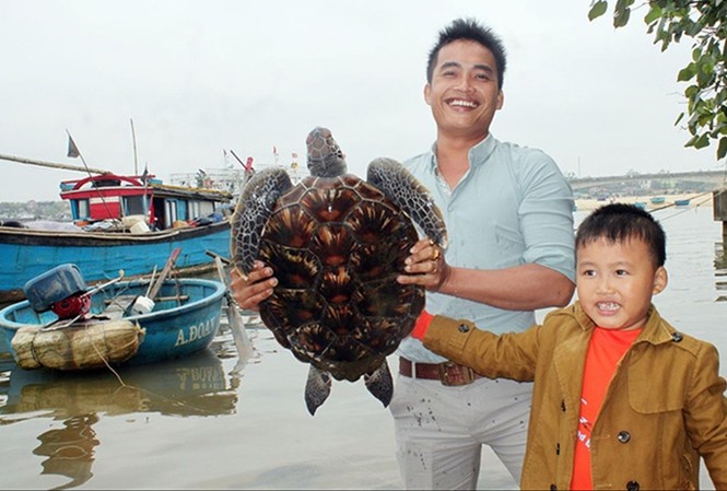 Thả hai cá thể rùa quý hiếm về biển Cha con anh Nguyễn Văn Đoàn giao lại con rùa quý hiếm cho cơ quan chức năng để thả về lại biển.
