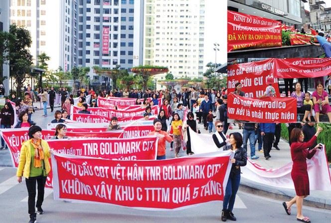 Tranh chấp chung cư lan rộng: Nhan nhản 'chung cư đỏ' Cư dân Goldmark City căng băng rôn phản đối chủ đầu tư (ảnh lớn); Cư dân tòa nhà Capital Garden phản đối chủ đầu tư về hệ thống PCCC chưa nghiệm thu (ảnh nhỏ trên); Cư dân phản đối chủ đầu tư Vietradico về tranh chấp chung cư (ảnh nhỏ dưới). Ảnh: TT - Anh