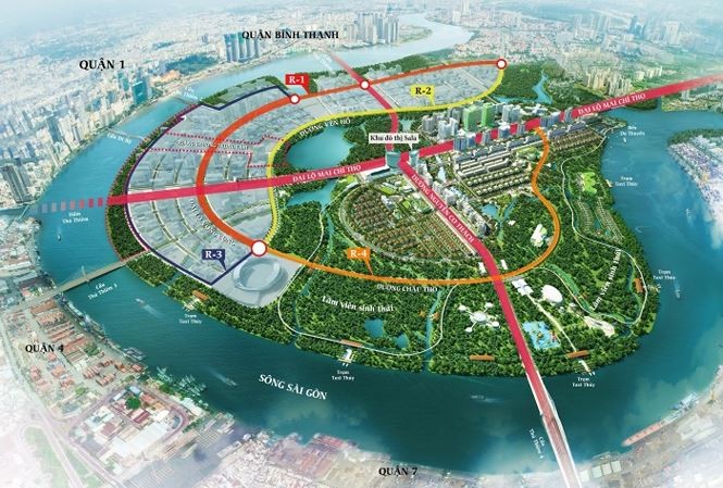 Kiến nghị đưa vấn đề Thủ Thiêm vào báo cáo trình Quốc hội Bốn trục đường chính với ký hiệu R1, R2, R3 và R4 trong khu Thủ Thiêm- Ảnh L.N