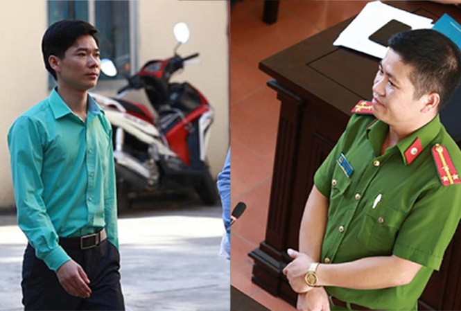 Công - tư hợp tác 'kinh doanh' chạy thận Bị cáo Hoàng Công Lương (trái) và điều tra viên Bùi Tuấn Nghĩa tại tòa.