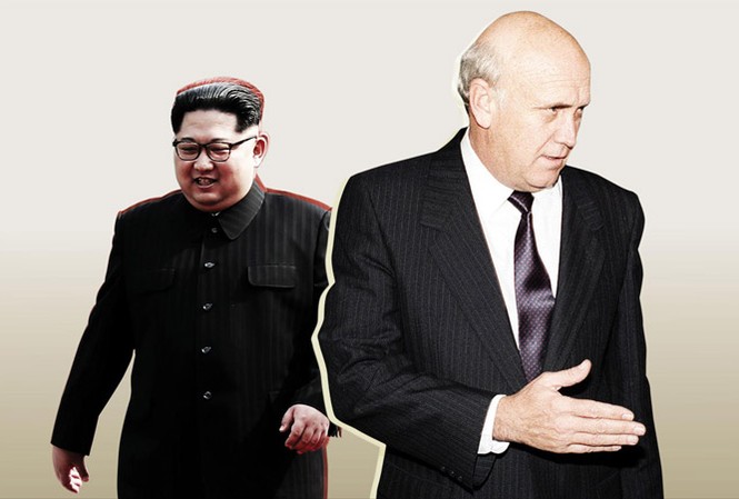 Từ bỏ vũ khí hạt nhân: Nam Phi có thể là mô hình cho Triều Tiên Lãnh đạo Triều Tiên Kim Jong-un (trái) có thể lựa chọn cách giống như Tổng thống Nam Phi F.W.de Klerk (phải). Ảnh: Getty Images.