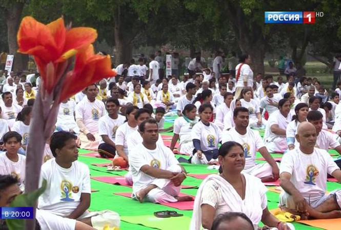 Yoga làm giảm tham nhũng Màn đồng diễn yoga tại New Dehli.