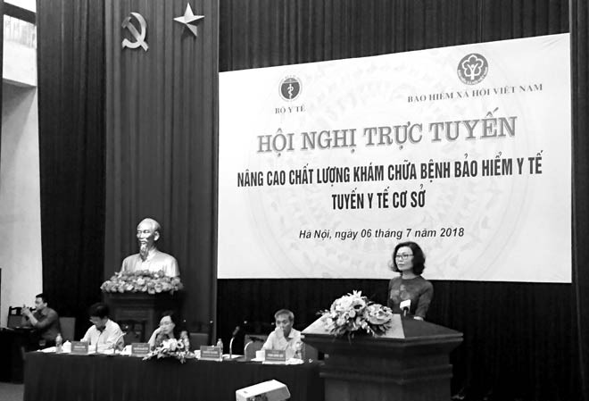 “Phát triển y tế cơ sở để chống gia tăng chi phí Bảo hiểm y tế” Tổng Giám đốc Bảo hiểm Xã hội Việt Nam Nguyễn Thị Minh phát biểu tại hội nghị. Ảnh: PT.