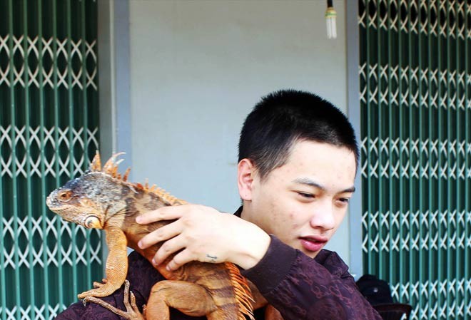 Chàng trai thu phục rồng Nam Mỹ Nguyễn Ðăng Khoa bên con rồng Nam Mỹ khá thân thiện. Ảnh: K.A.