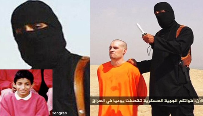 Hành trình thanh niên Anh thành đao phủ IS Mohammed Emwazi hồi bé (ảnh nhỏ), rồi lớn lên trở thành “Jihadi John” (trang phục đen kín mít) chuyên hành quyết các con tin bị IS bắt cóc. Ảnh: KNS News - BBC