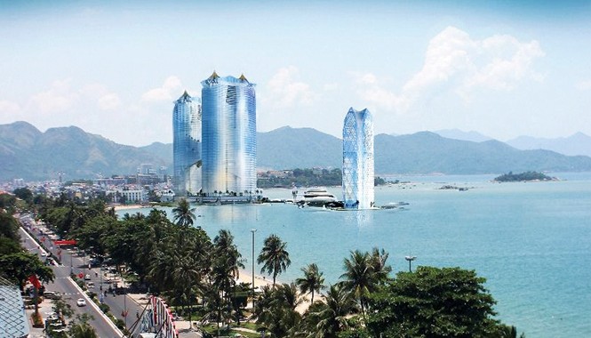 Xây cao ốc 45 tầng bên bờ vịnh Nha Trang: Ý tỉnh chưa thuận lòng dân Phối cảnh tổ hợp dịch vụ đa năng Phoenix ở cửa sông Cái, trên vịnh Nha Trang. Ảnh: trang phoenixbeachvietnam.com