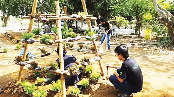 Những người trẻ đón Tết theo lối sống 'xanh' Đội sống xanh trồng cây xanh từ đồ tái chế.