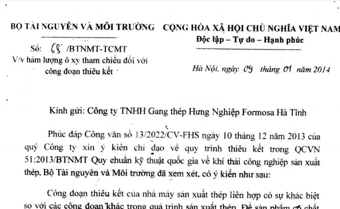 Không phải hợp thức hóa văn bản của Thứ trưởng Bùi Cách Tuyến? Văn bản “đặc cách” của ông Bùi Cách Tuyến cho phép Formosa áp dụng hàm lượng oxy tham chiếu từ 7% lên 15%.