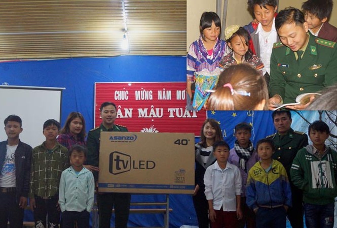 Người lính trẻ yêu vùng biên ải Dào San Thượng úy Phạm Tuân trao tặng tivi cho Trường THCS bán trú Tung Qua Lìn; kể cho các em nhỏ những câu chuyện lịch sử dân tộc (ảnh nhỏ). Ảnh: N.M.