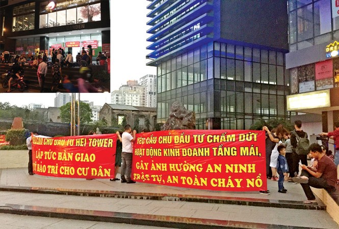 Hà Nội: Cư dân chung cư yêu cầu hoàn thiện PCCC Cư dân Hei Tower (ảnh lớn) và chung cư Capital Garden ở Hà Nội căng băng rôn yêu cầu chủ đầu tư hoàn thiện hệ thống PCCC.