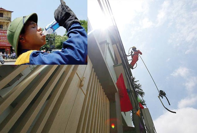 Hà Nội: Vật lộn mưu sinh trong chảo lửa Công nhân điện lực Hà Nội làm việc dưới nắng nóng ngoài trời lên tới 50 độ C (ảnh lớn). Công nhân công ty vệ sinh môi trường uống nước trong nắng đổ lửa trên đường Nguyễn Trãi, Hà Nội (ảnh nhỏ). Ảnh: Hiểu Minh- Như Ý.