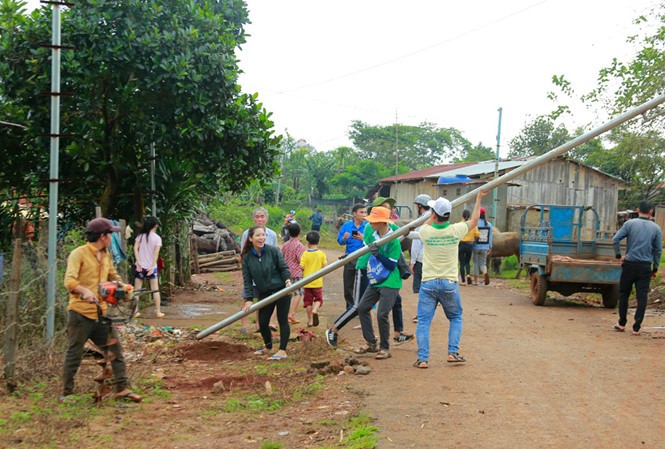 BẢN TIN TÌNH NGUYỆN: Chung tay 'Thắp sáng làng quê' Sinh viên tiình nguyện chung tay dựng đèn đường làng.