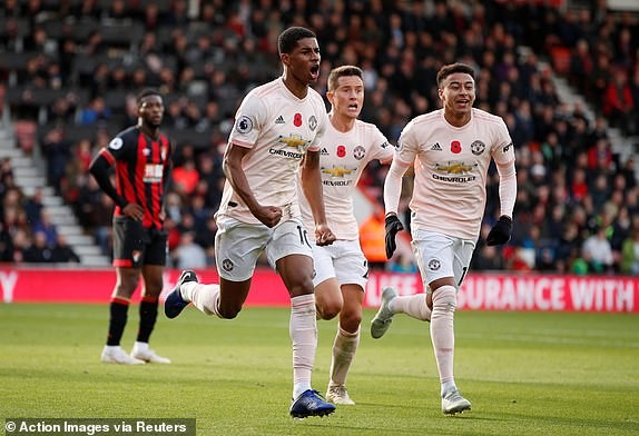 Rashford 'nổ súng' phút bù giờ, M.U ngược dòng hạ Bournemouth Rashford ăn mừng bàn thắng ở phút bù giờ.
