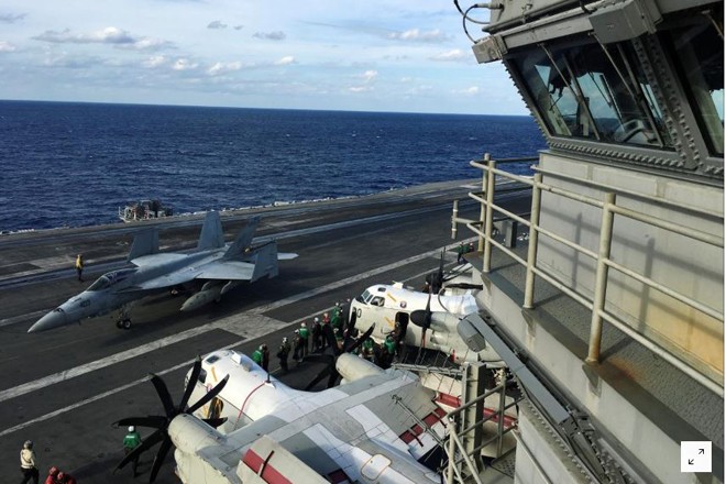 Nhật, Mỹ 'liên thủ' ở Thái Bình Dương Tàu sân bay USS Ronald Reagan đang tham dự tập trận Keen Sword ở Tây Thái Bình Dương Ảnh: Reuters