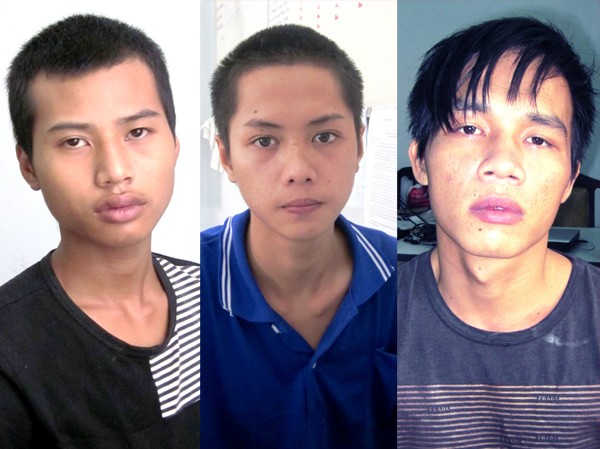 Bắt nhóm bụi đời cướp xe ôm, 2 người thương vong Ba trong bốn đối tượng tại CQĐT: Phạm Văn Thắng, Hà Văn Lưu, Lê Tuấn Anh (từ trái sang phải)