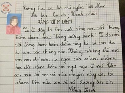 Phát sốt với bản kiểm điểm dễ thương của bé lớp 4 Phát sốt với bản kiểm điểm dễ thương của bé lớp 4