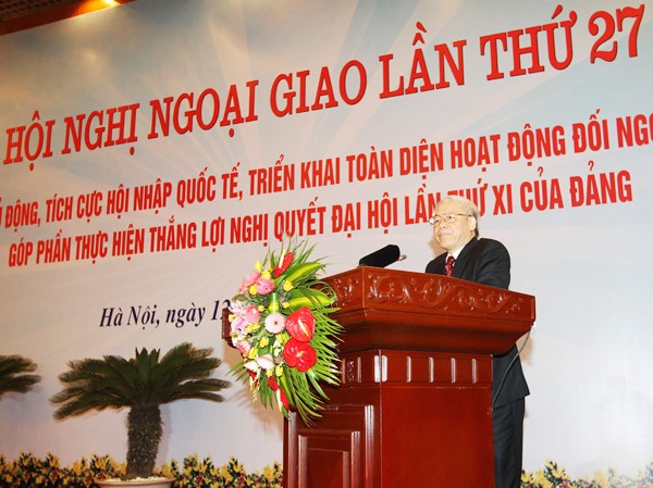 Khai mạc Hội nghị ngoại giao lần 27 tại Hà Nội Tổng Bí thư Nguyễn Phú Trọng phát biểu tại Hội nghị Ảnh: TTXVN
