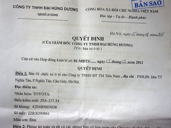 Mang xe trả góp bán lấy 700 triệu đồng Quyết định bán xe của Công ty TNHH Đại Hùng Dương