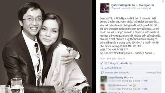 Quốc Cường cầu hôn Hồ Ngọc Hà trên Facebook Quốc Cường cầu hôn Hồ Ngọc Hà trên Facebook