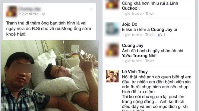 Câu like bằng ảnh quen Vĩnh Thụy, nam thanh niên bị 'ném đá' Chàng trai chụp ảnh cùng Vĩnh Thụy trong bệnh viện và có những chia sẻ như những người bạn thân thiết.