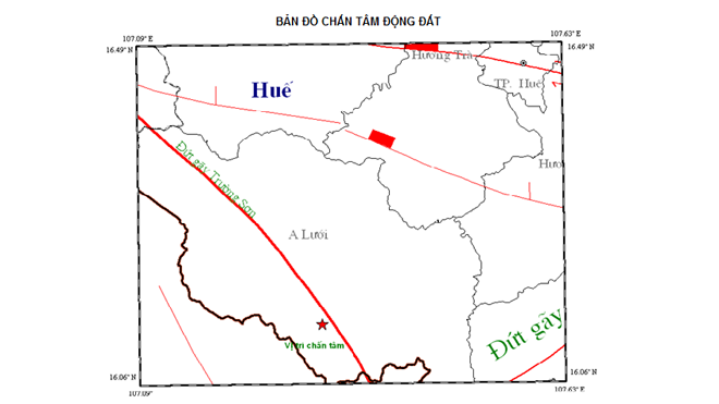 Lại động đất tại Thừa Thiên - Huế Bản đồ trận động đất ở A Lưới ngày 22/12- vị trí chấn tâm nằm gần đứt gãy Trường Sơn