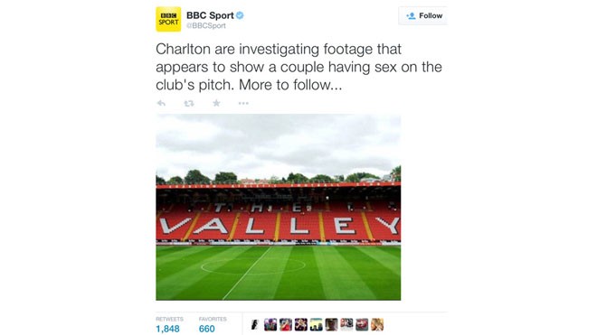 Cặp đôi làm 'chuyện người lớn' giữa sân bóng Tài khoản Twitter chính thức của BBC Sport hôm qua xác nhận về cuộc điều tra này.