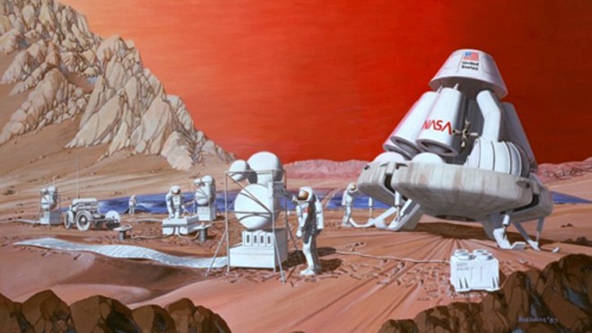 NASA tổ chức cuộc thi thiết kế nhà ở trên sao Hỏa Mô tả một sứ mệnh lên sao Hỏa trong bản vẽ năm 1989. Ảnh: NASA