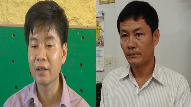 Bắt giám đốc làm giả thư ủy quyền Lê Văn Lập (bên trái) và Phan Văn Lĩnh tại cơ quan điều tra