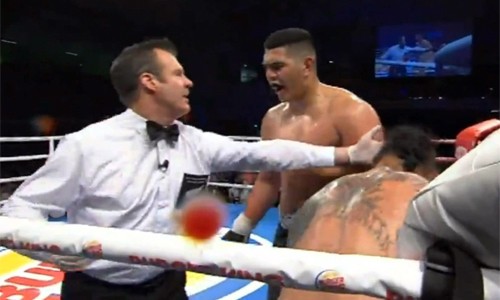 Võ sĩ cầu xin trọng tài trong trận boxing kinh ngạc thế giới Meehan (giữa) phải xin trọng tài dừng trận đấu vì lo ngại cho tính mạng của đối thủ Tato.