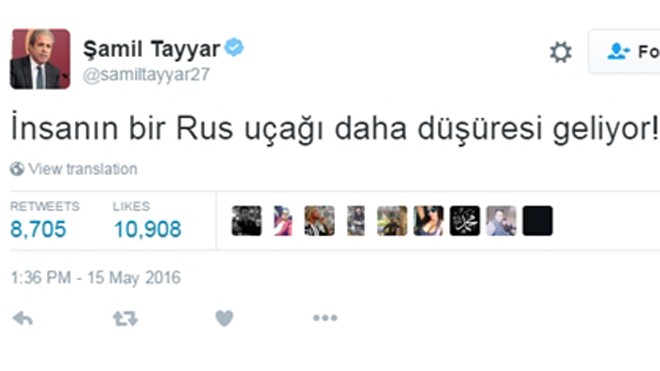 Nghị sĩ Thổ Nhĩ Kỳ nói muốn 'có thêm máy bay Nga bị bắn hạ' Nghị sĩ Thổ Nhĩ Kỳ Samil Tayyar viết muốn có thêm phi cơ Nga bị bắn hạ trên Twitter cá nhân. Ảnh chụp màn hình.