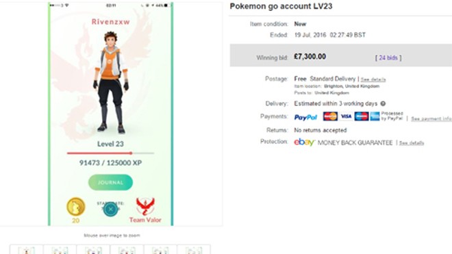 Chèo kéo bán tài khoản chơi Pokemon Go giá nghìn USD Một tài khoản level 23 được đấu giá lên tới hơn 9.000 USD.