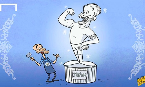 Sterling và bóng dáng 'người cha tinh thần' Guardiola Sự tiến bộ bất ngờ của Sterling là cảm hứng để tờ Goal (Italy) vẽ tranh biếm, ví Guardiola như một nhà điêu khắc, tạc lại tiền vệ người Anh thành một bức tượng hoàn hảo.