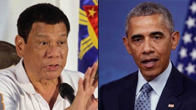 Ông Obama không mếch lòng vì phát ngôn của Tổng thống Philippines Tổng thống Philippines Rodrigo Duterte và người đồng cấp Mỹ Barack Obama. Ảnh: ABS-CBN