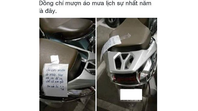 Lấy áo mưa để lại lời nhắn sẽ trả: Hành động đúng hay sai? Hành động mượn áo mưa, sau đó để lại lời nhắn cho chủ nhân hiện gây tranh cãi trên mạng. Ảnh chụp màn hình.