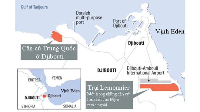 Căn cứ quân sự hải ngoại Trung Quốc - cái gai trong mắt Mỹ, Ấn Căn cứ Trung Quốc ở Djibouti nằm rất gần Trại Lemonnier của Mỹ. Đồ họa: NYTimes.