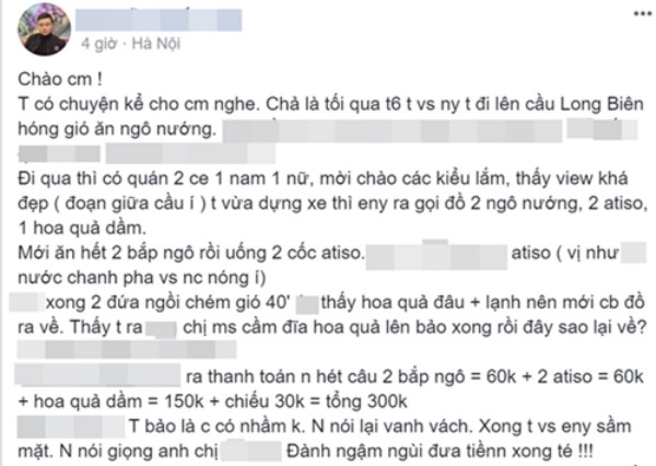 Bị 'chém' 300.000 đồng vì ăn ngô nướng, ngồi chiếu ở cầu Long Biên Chàng trai tâm sự bị "chặt chém" 300.000 đồng vì "dại" ăn ngô nướng, ngồi chiếu cầu Long Biên.