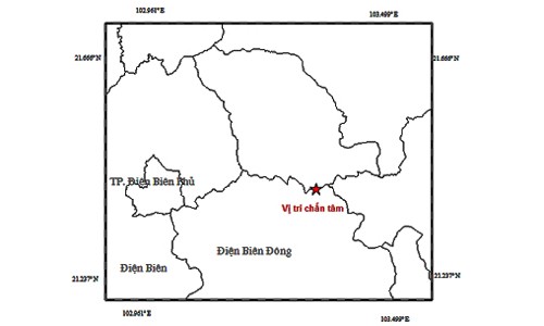 Điện Biên động đất 3,9 độ richter Vị trí tâm động đất. Ảnh: Viện Vật lý địa cầu
